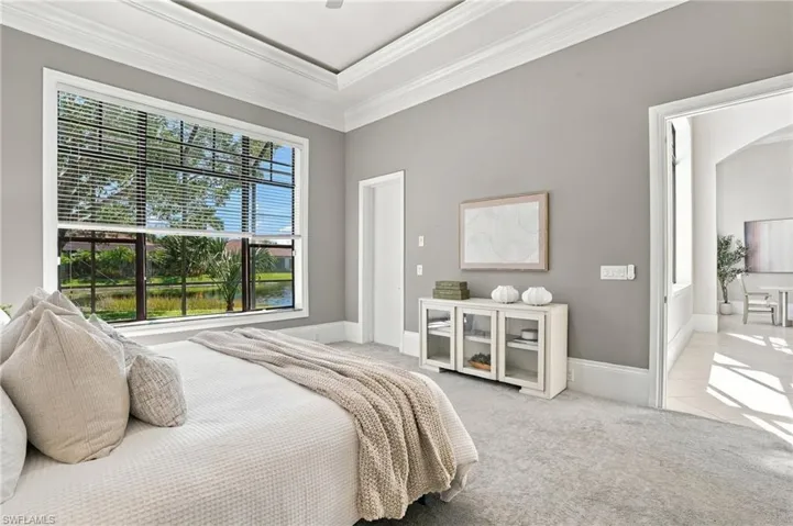 Tray ceiling with crown molding, large window with water exposure, and neutral wall tones