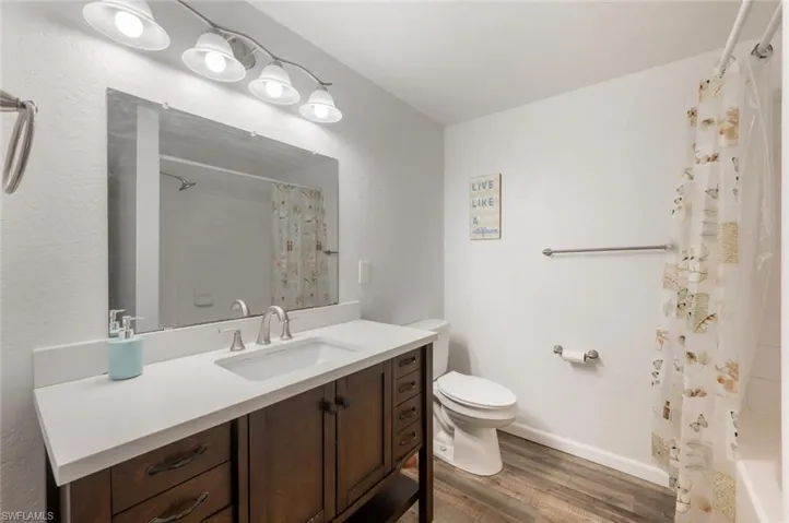 Bathroom with hardwood / wood-style flooring, vanity, toilet, and walk in shower