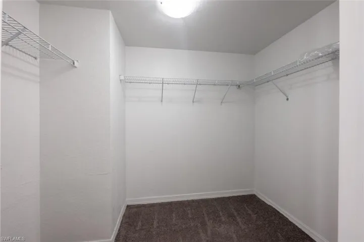 Walk in closet with dark colored carpet