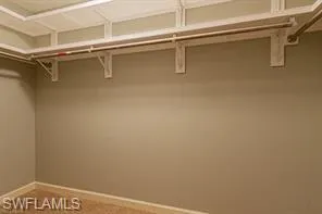 Built-in shelving, hanging rod, neutral wall paint, and carpeted flooring