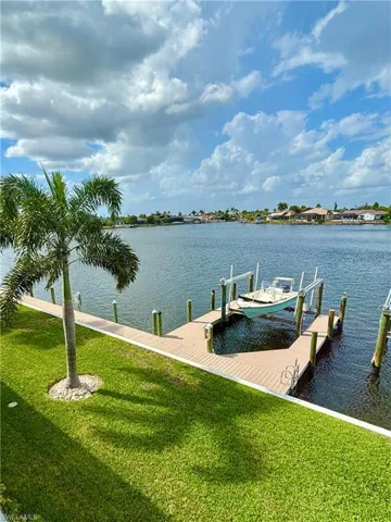 Waterfront property featuring lush green lawn, and mature palm tree