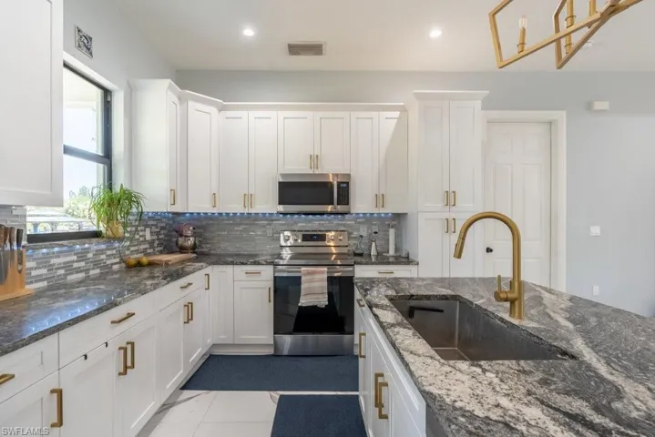 Kitchen with appliances with stainless steel finishes, a sink, backsplash, white cabinets, and recessed lighting