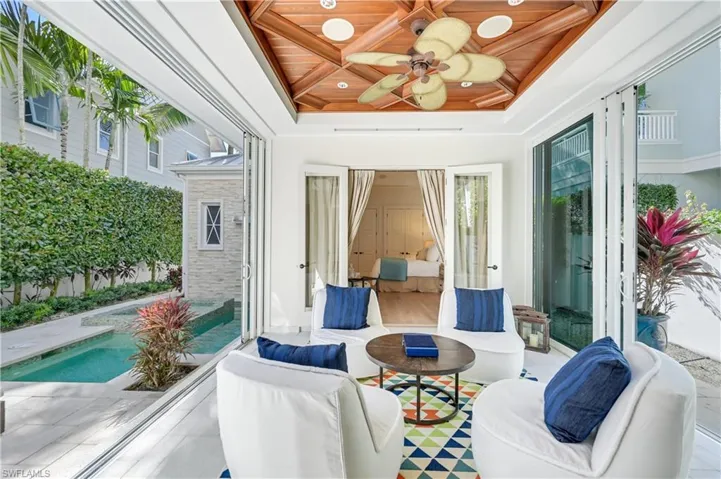 View of patio featuring a ceiling fan
