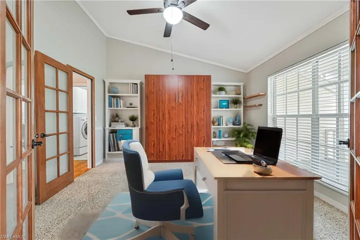 Office with ceiling fan, crown molding, french doors Murphy bed
