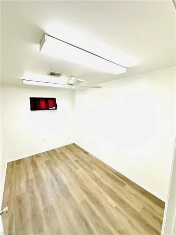 Basement with light hardwood / wood-style floors