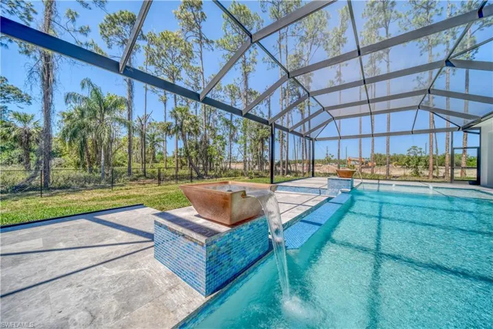 Pool featuring 2 water feature bowls & screen enclosure
