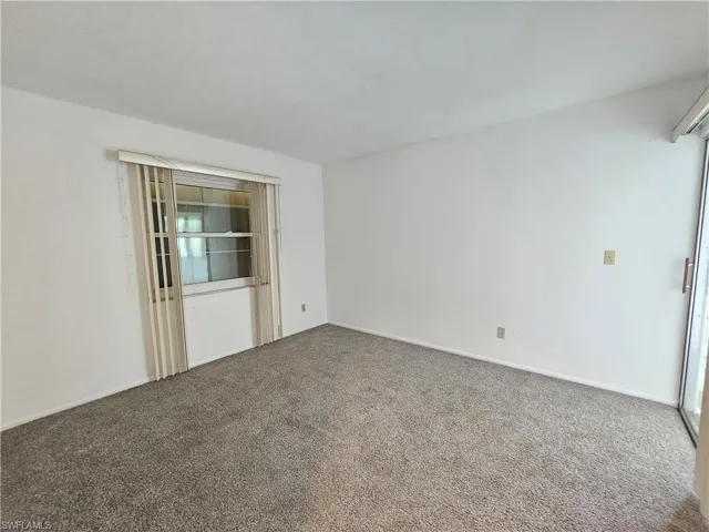 Spacious carpeted bedroom with neutral wall finishes, dual closet access featuring glass sliding doors, and abundant natural light from sliding glass doors