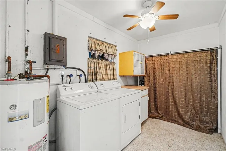 Utility space featuring a water heater, laundry appliances, a wall-mounted electrical panel, and a ceiling fan