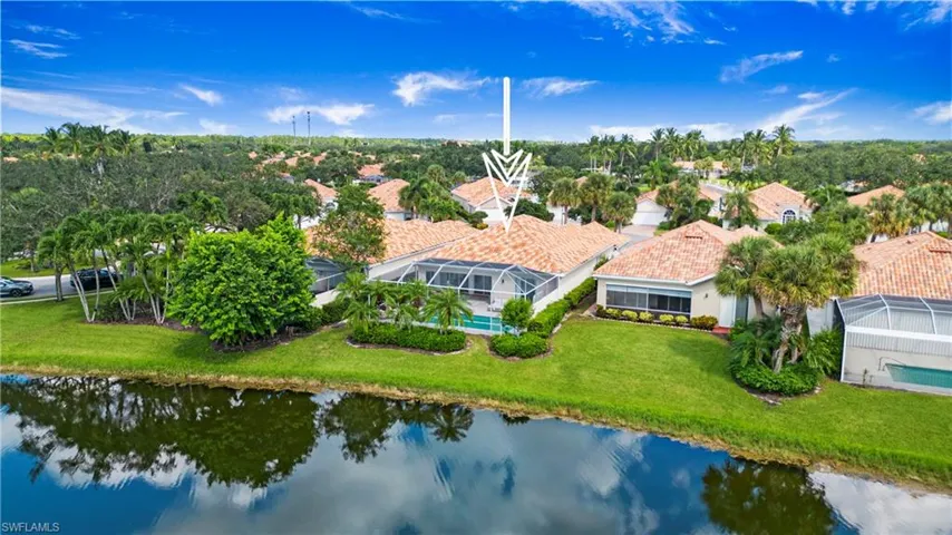 Birds eye view of property with a water view
