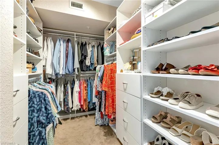 Walk in closet with light colored carpet