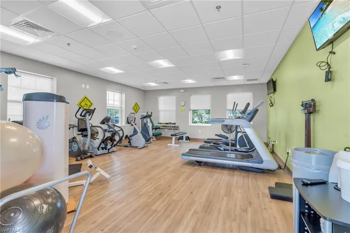 Exercise room with cardio machines and weights