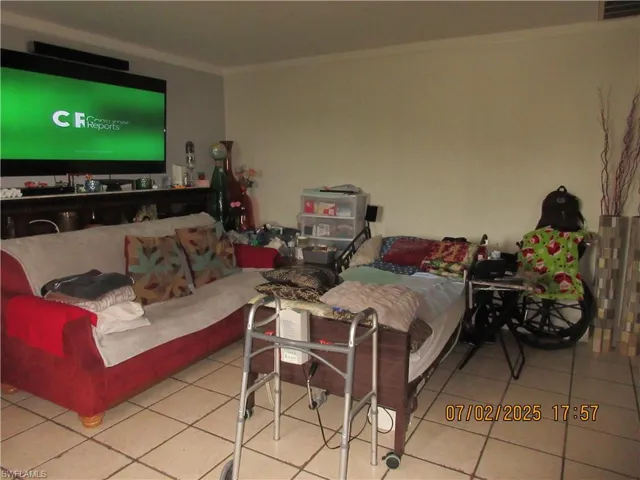 Living room featuring crown molding and tile patterned flooring