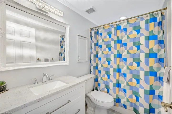 Bathroom featuring vanity, ornamental molding, and curtained shower