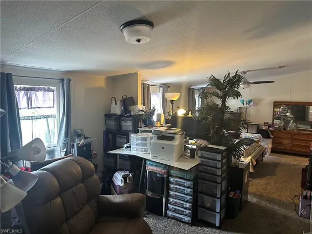Carpeted living room with a textured ceiling and ceiling fan