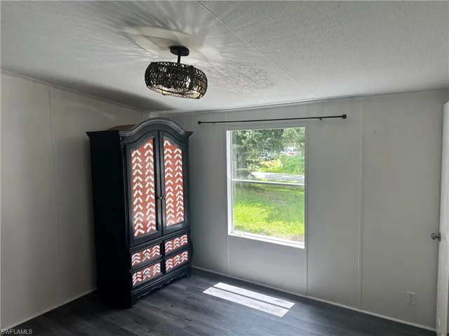 Unfurnished room featuring dark wood-type flooring and a textured ceiling
