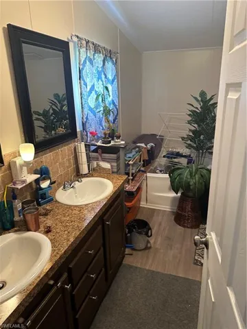 Bathroom with vanity, hardwood / wood-style flooring, and tasteful backsplash