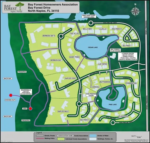 Community Map. Detailing the layout of the property, including roads, walking paths, bodies of water, and buildings
