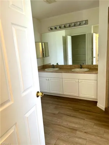 Bathroom featuring double vanity, light wood-type flooring, and a closet
