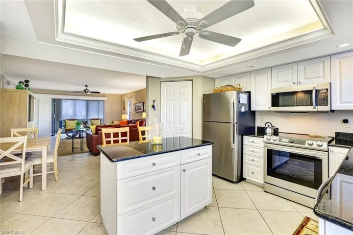 Kitchen featuring stainless steel appliances, a tray ceiling, white cabinetry, dark stone countertops, and open floor plan