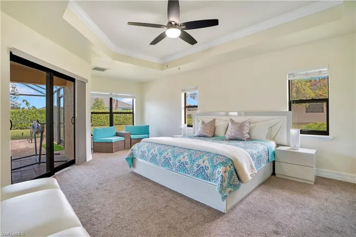 Carpeted bedroom with crown molding, access to outside, a raised ceiling, and a ceiling fan