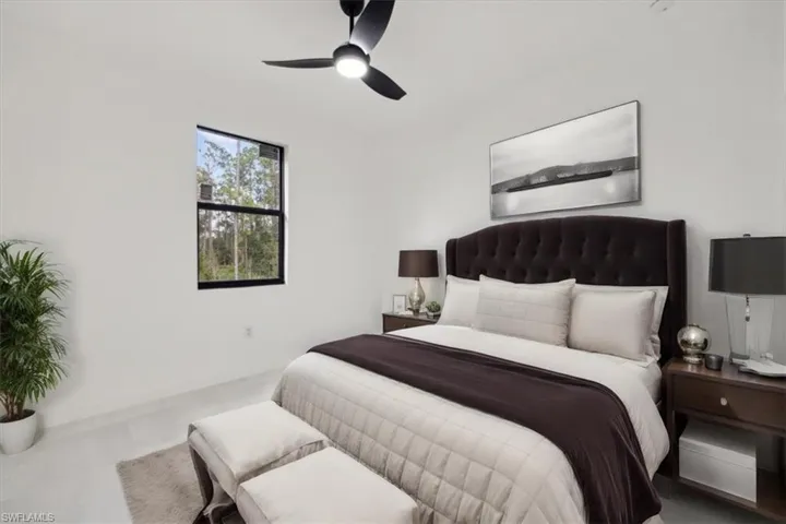 virtually staged-Bedroom with a ceiling fan