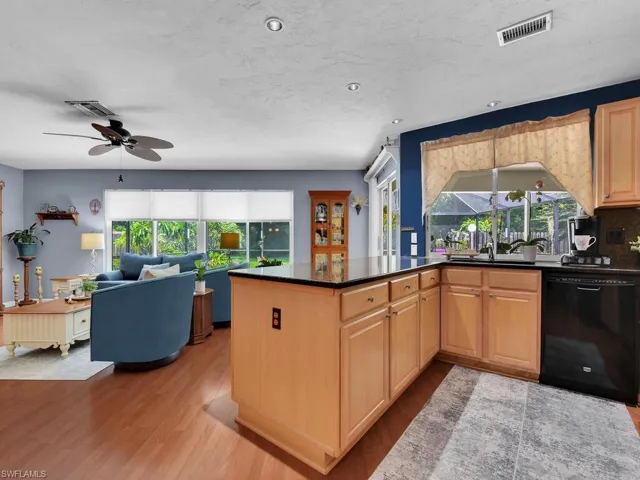 Kitchen featuring a wealth of natural light, dishwasher, ceiling fan, and light hardwood / wood-style flooring