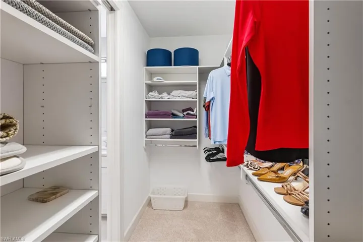 Walk in closet featuring light carpet