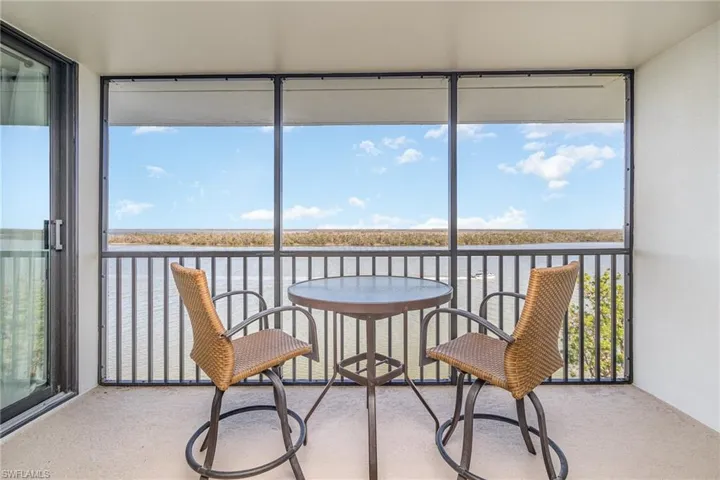 DIRECT ESTERO BAY VIEWS FROM THE SCREENED LANAI.  ENTRANCE TO OWNER'S SUITE IS TO LEFT.