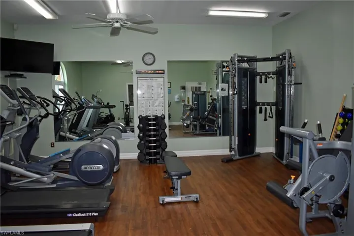Gym featuring dark hardwood / wood-style floors and ceiling fan