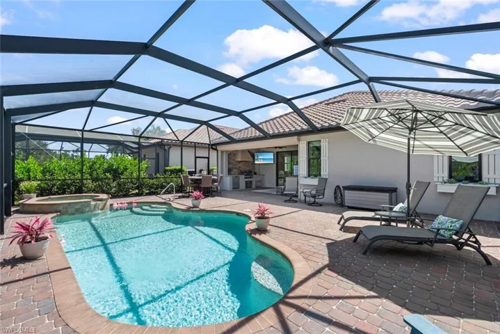 Screened-in extended lanai featuring outdoor living space with a swimming pool, spa, brick paver decking and outdoor grill
