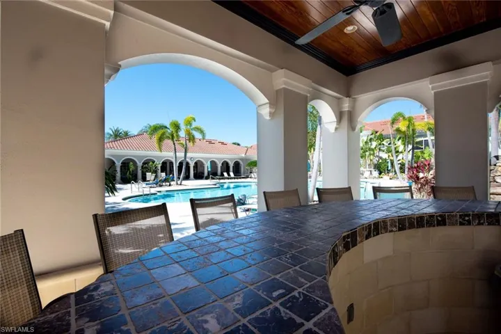 Under Cover Bar & Dining Area With Pool & Clubhouse View