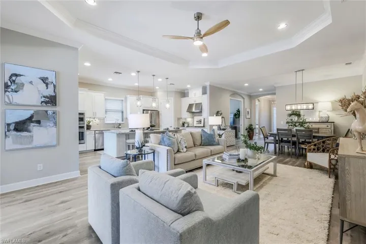 Living room with ceiling fan, a tray ceiling, and light hardwood / wood-style flooring