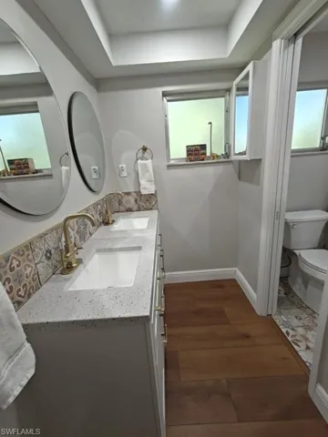 Bathroom featuring hardwood / wood-style flooring, dual bowl vanity, toilet, and a tray ceiling