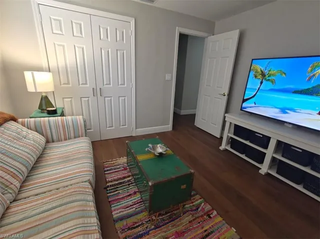 Living room featuring dark wood-type flooring
