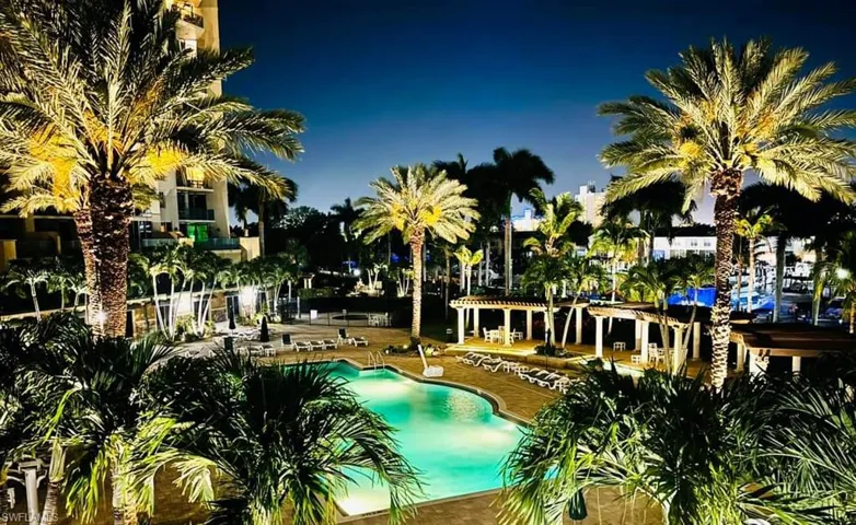 Pool at night with landscape lights