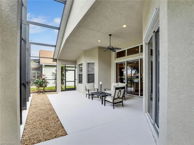 View of patio featuring ceiling fan