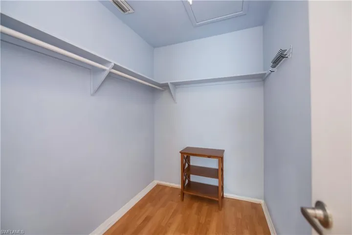 Walk in closet with light wood-style floors