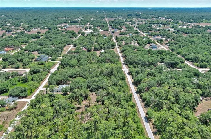 Aerial view of property and surrounding area with a forest