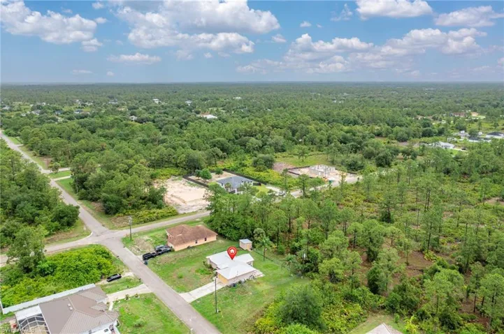 Aerial view of a heavily wooded area