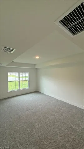 Spacious room featuring tray ceiling with recessed lighting, light gray carpet flooring, white walls, and a multi-pane window