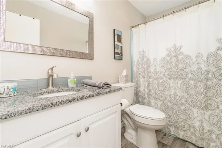 Bathroom with vanity, wood-type flooring, and toilet