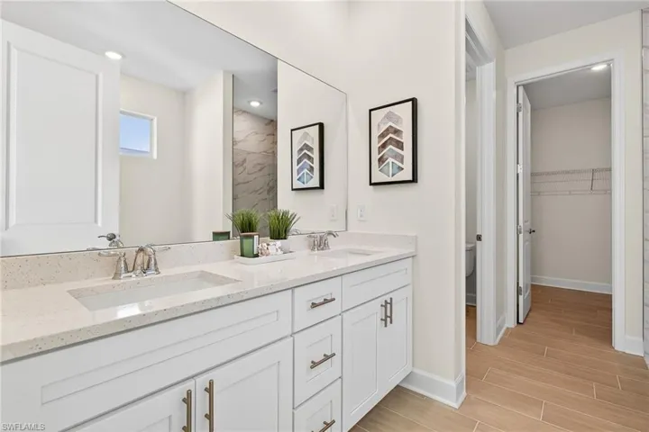 Bathroom with double vanity, a walk in closet, wood finish floors, and recessed lighting