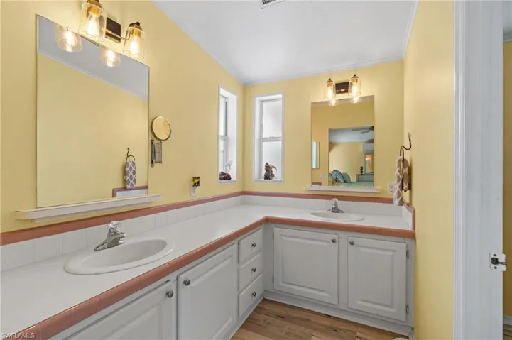 Bathroom featuring vanity, light wood-style flooring, and ornamental molding