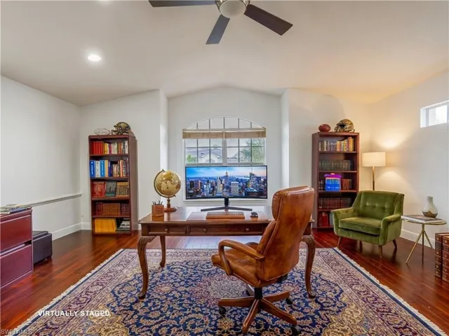Bonus Room Virtually Staged - with dark wood-style floors, ceiling fan, lofted ceiling, and recessed lighting