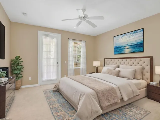 Bedroom with access to exterior, baseboards, a ceiling fan, and light carpet