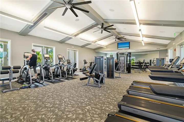 Gym with carpet floors and lofted ceiling