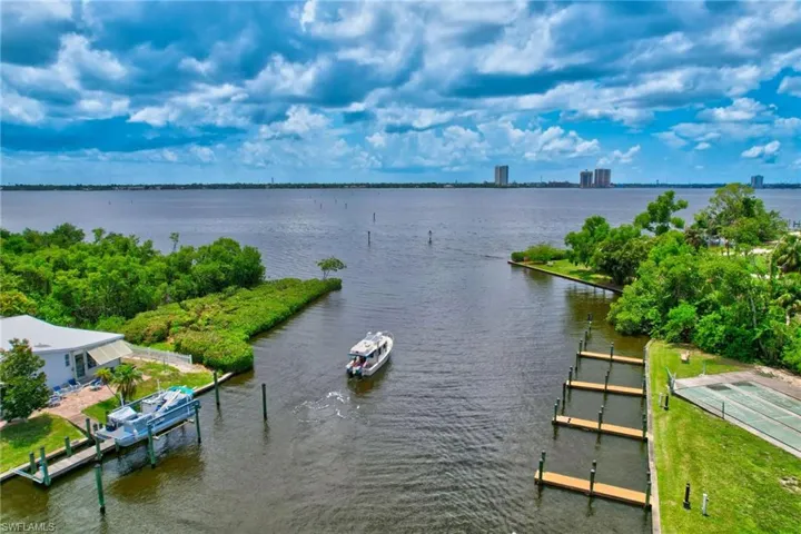 Water view with a dock