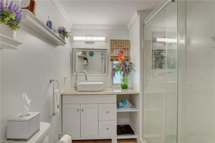 Full bathroom with vanity, ornamental molding, and a stall shower