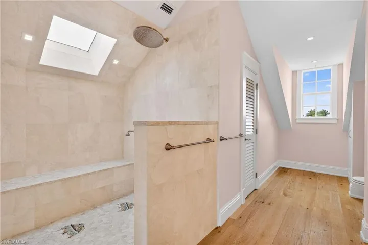 Bathroom with a skylight, a walk in shower, light wood-type flooring, and recessed lighting