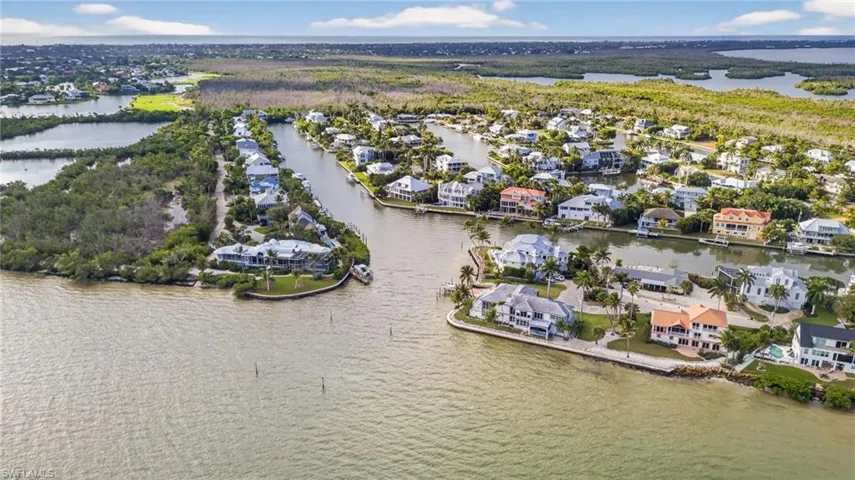 Aerial perspective of suburban area with a nearby body of water